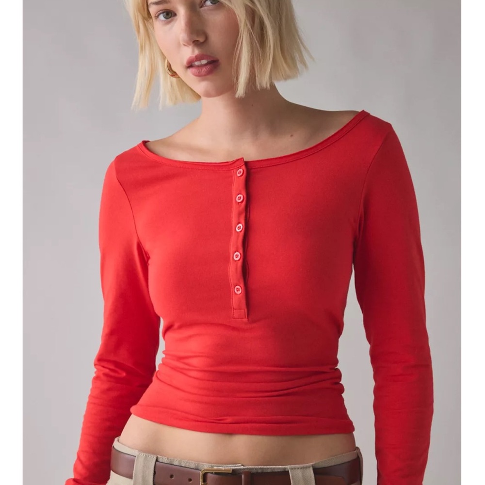 Urban Outfitters Red Long Sleeve Henley Top